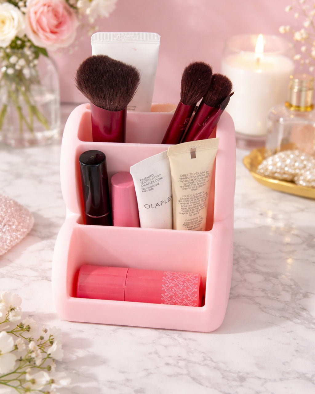 Shop now at Layered by VP.Aesthetic heart-shaped makeup organizer with multiple compartments for brushes, lipsticks, and skincare, styled on a modern vanity setup