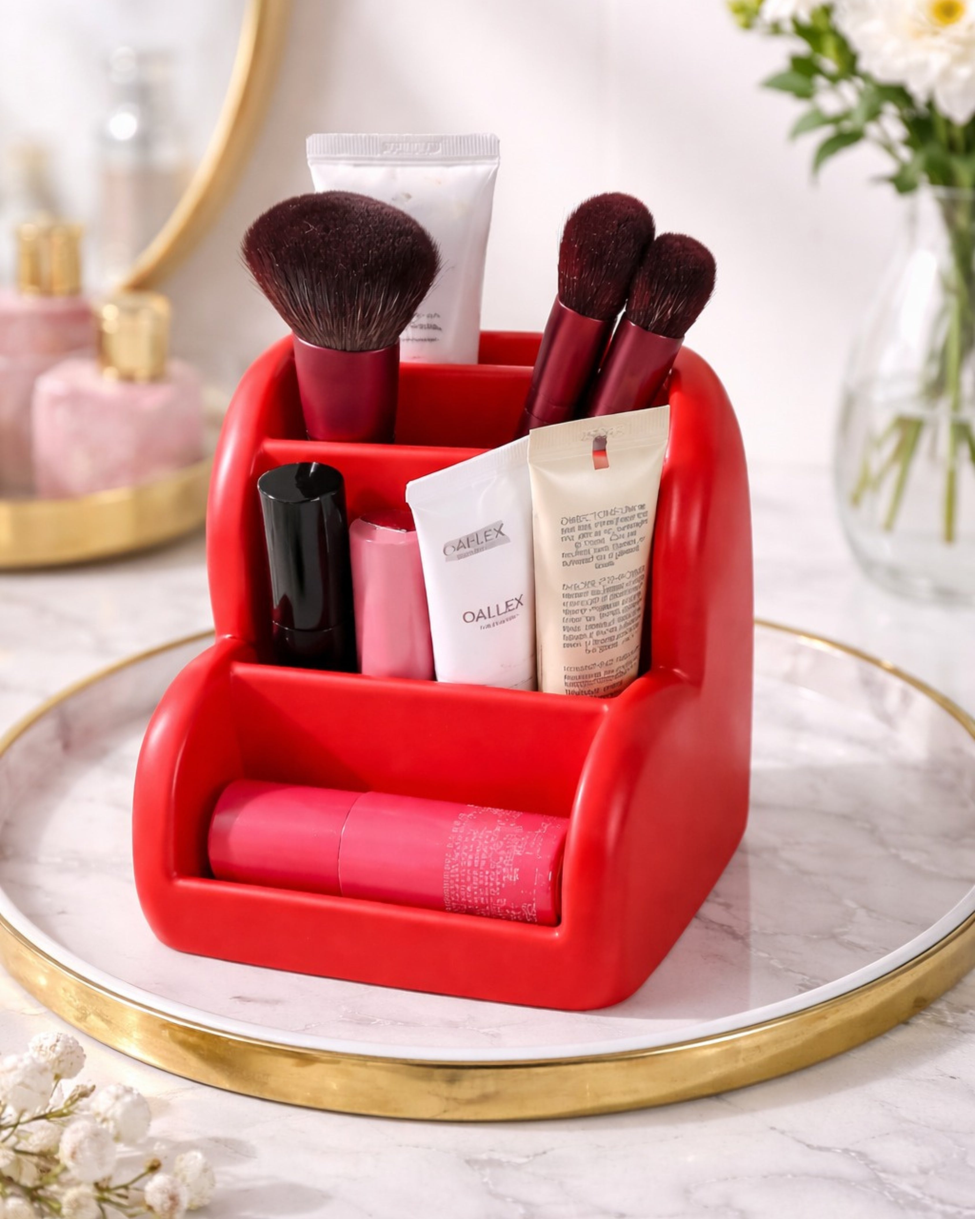 Shop now at Layered by VP.Aesthetic heart-shaped makeup organizer with multiple compartments for brushes, lipsticks, and skincare, styled on a modern vanity setup
