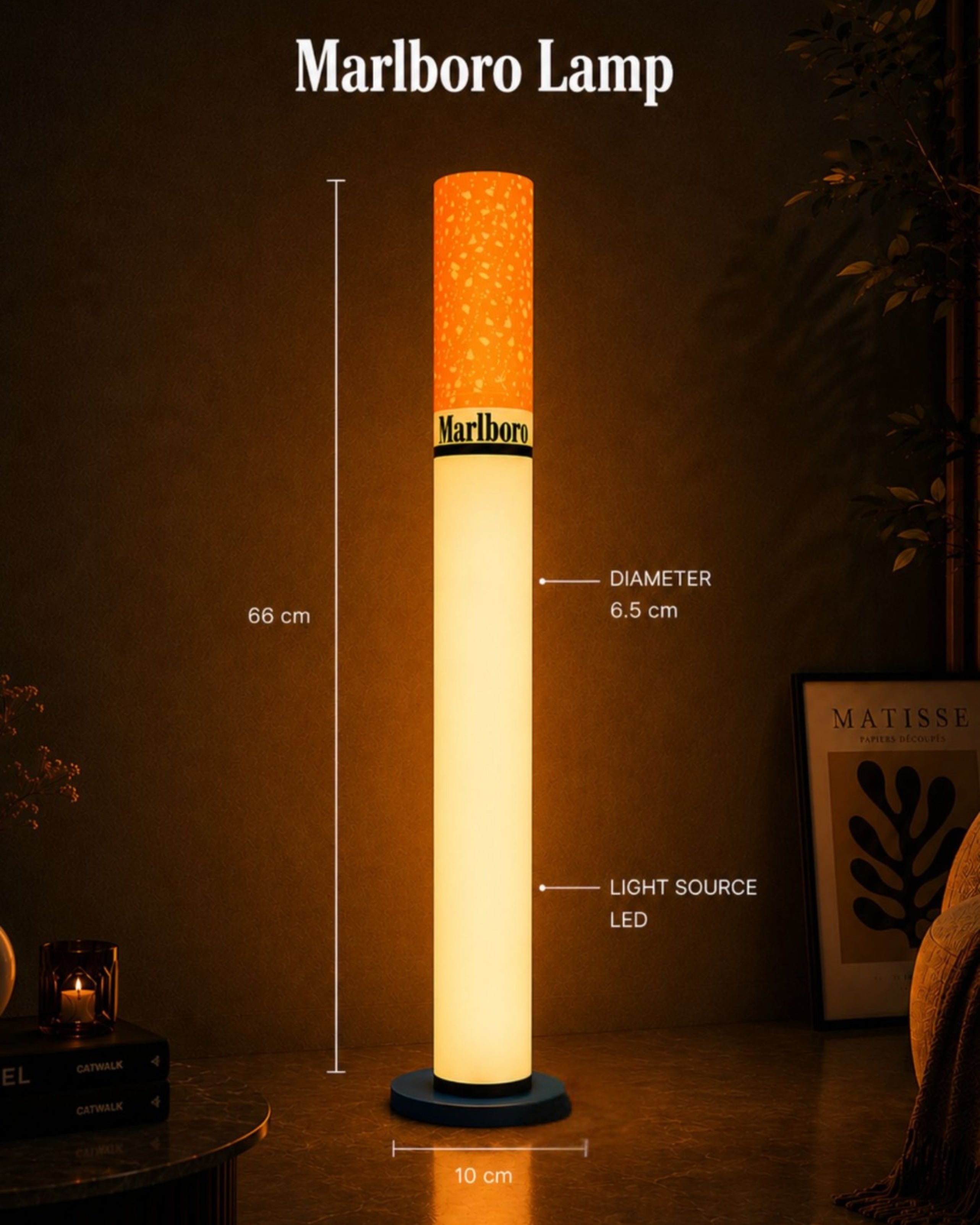 Technical dimensions graphic showing the lamp's height, width, and proportions to help customers understand its size before purchase.