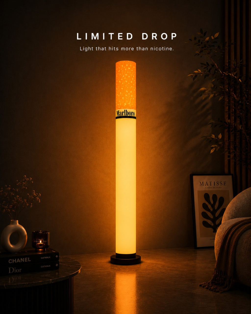 Front-facing hero image showcasing the lamp's distinctive cigarette-inspired silhouette and warm ambient glow.
