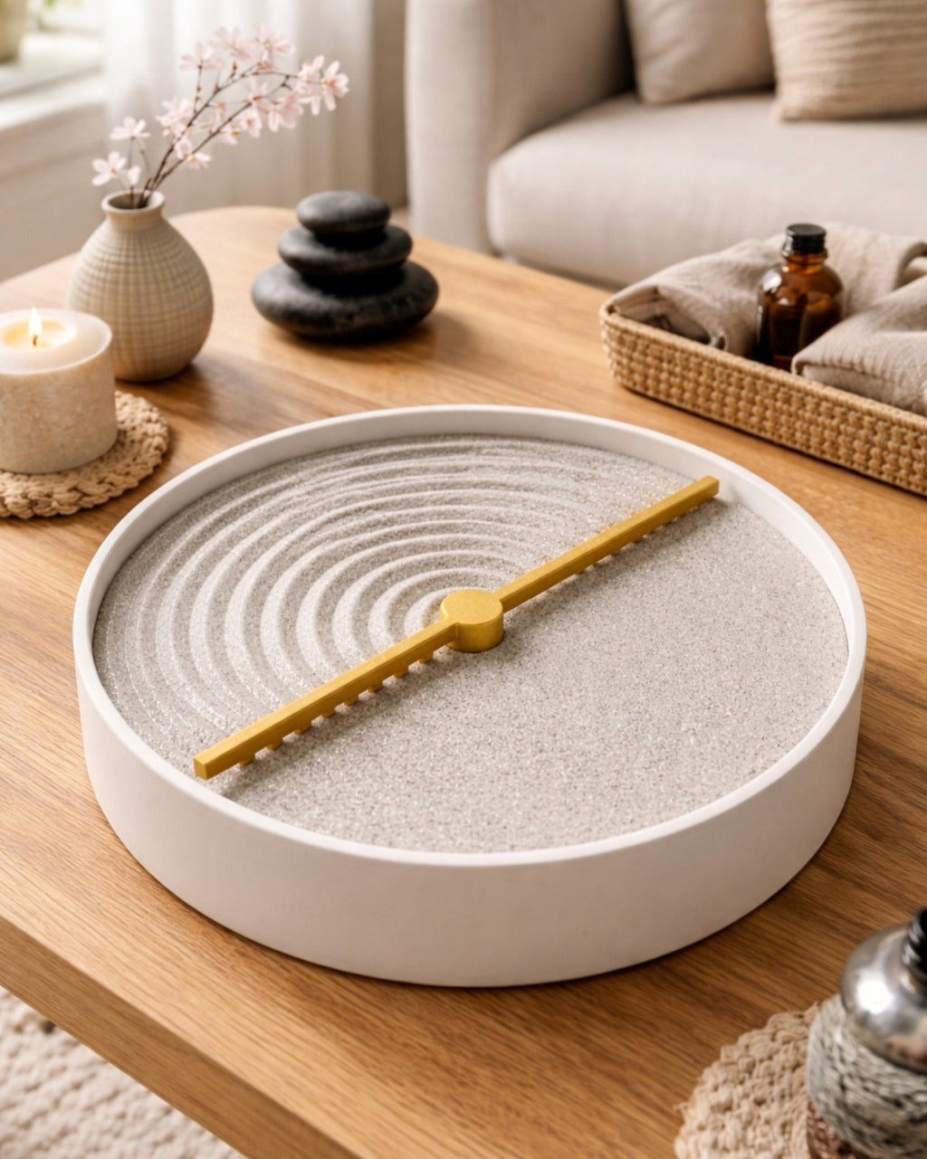 Elegant sand pattern tray designed to bring mindfulness, relaxation, and minimalist décor to any living space or workspace.
