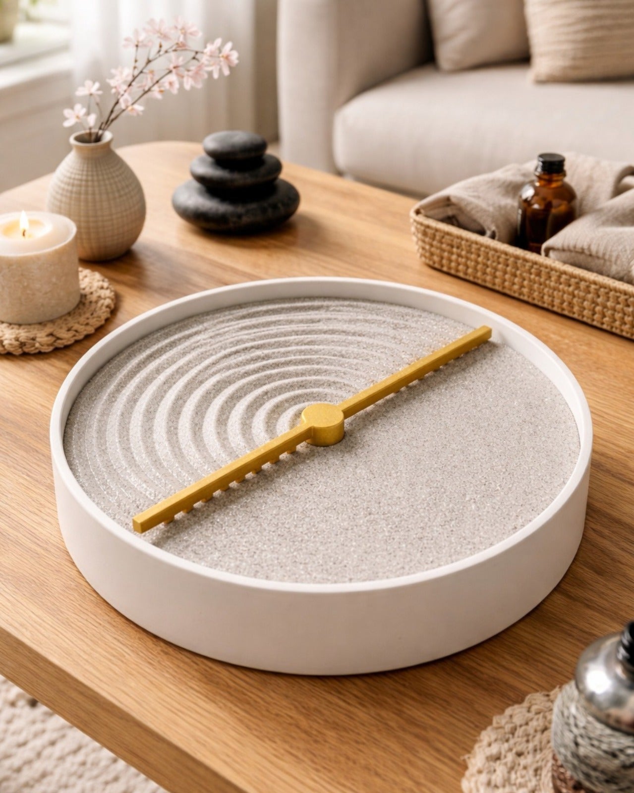Elegant sand pattern tray designed to bring mindfulness, relaxation, and minimalist décor to any living space or workspace.
