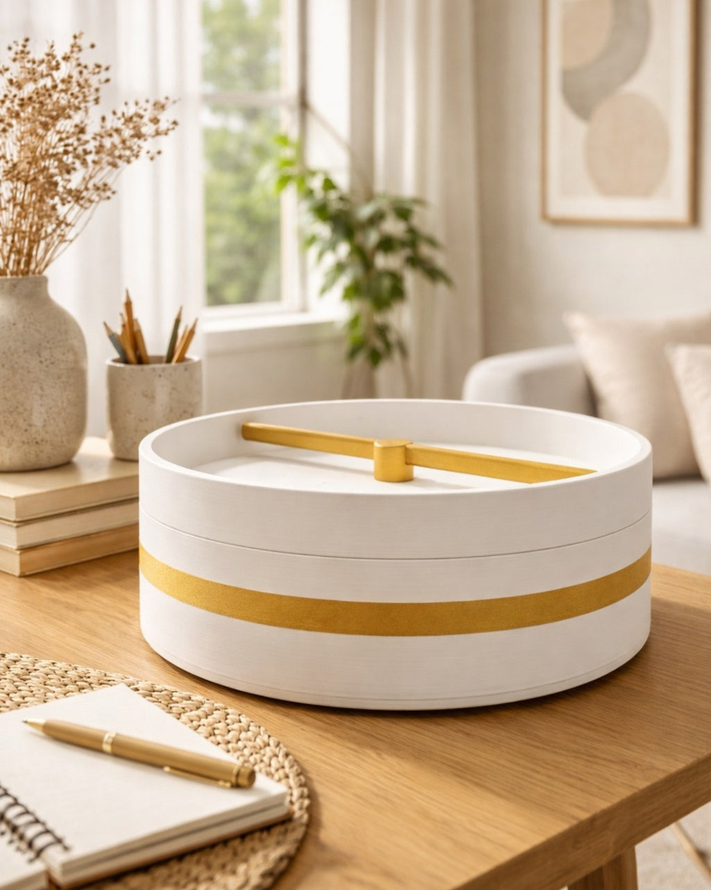 Sand art décor tray styled on a coffee table, adding a calming and sophisticated focal point to the room.
