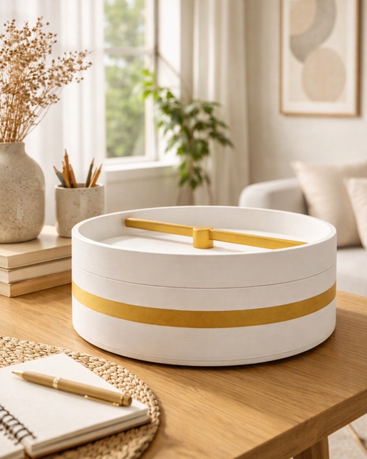 Sand art décor tray styled on a coffee table, adding a calming and sophisticated focal point to the room.