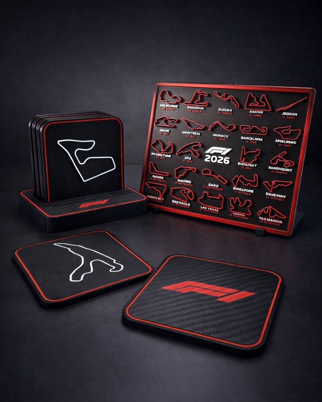 F1 starter pack featuring a Formula 1 themed calendar and coaster set. Aesthetic, functional, and perfect for racing fans, desk setups, and unique gifting