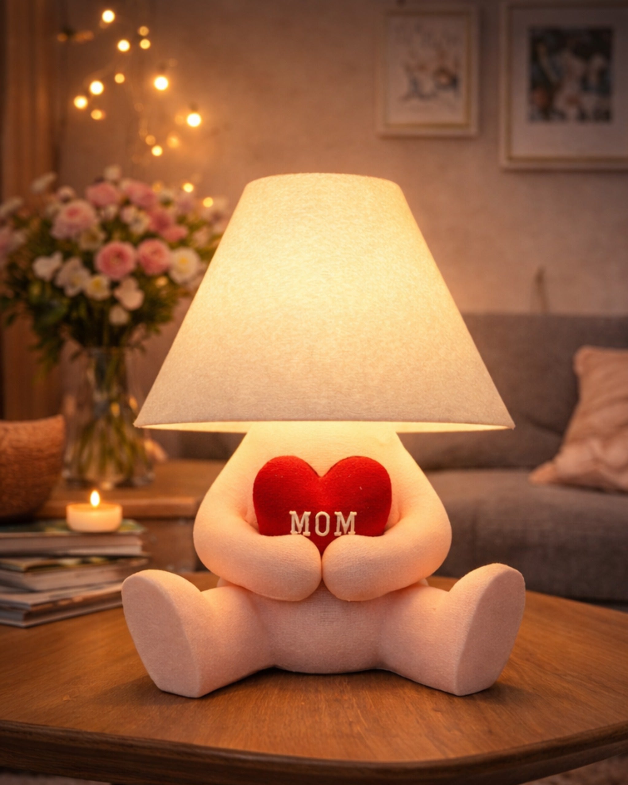 A heart-shaped LED lamp placed on a bedside table, casting a soft warm glow in a dimly lit room, creating a cozy and emotional ambiance perfect as a meaningful Mother’s Day gift for mom.